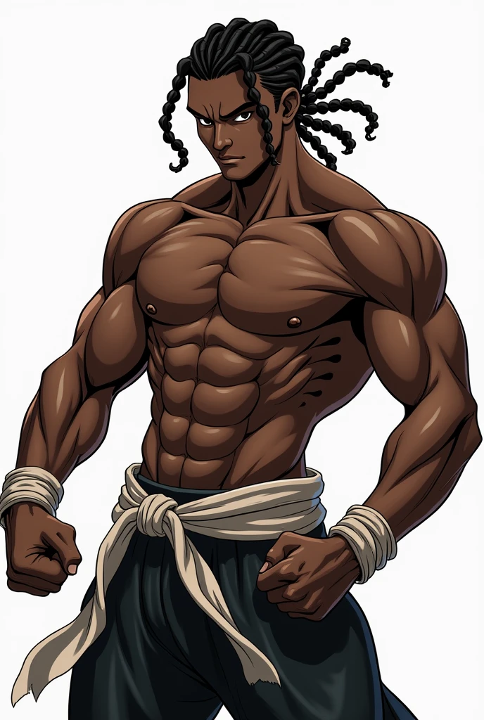 anime style drawing of a shirtless black man character with braided hair in a fighting pose



