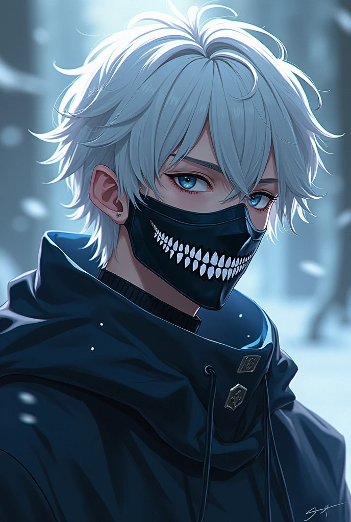 An anime character who is a magic knight, half ice and half shadows, on your face half a mask of bones White hair and half a mask of bones Show half of your face with a lumberjack beard Looking like a 17 year old,
The mask only on the left side Only white hair and black beard Remove beard Full body