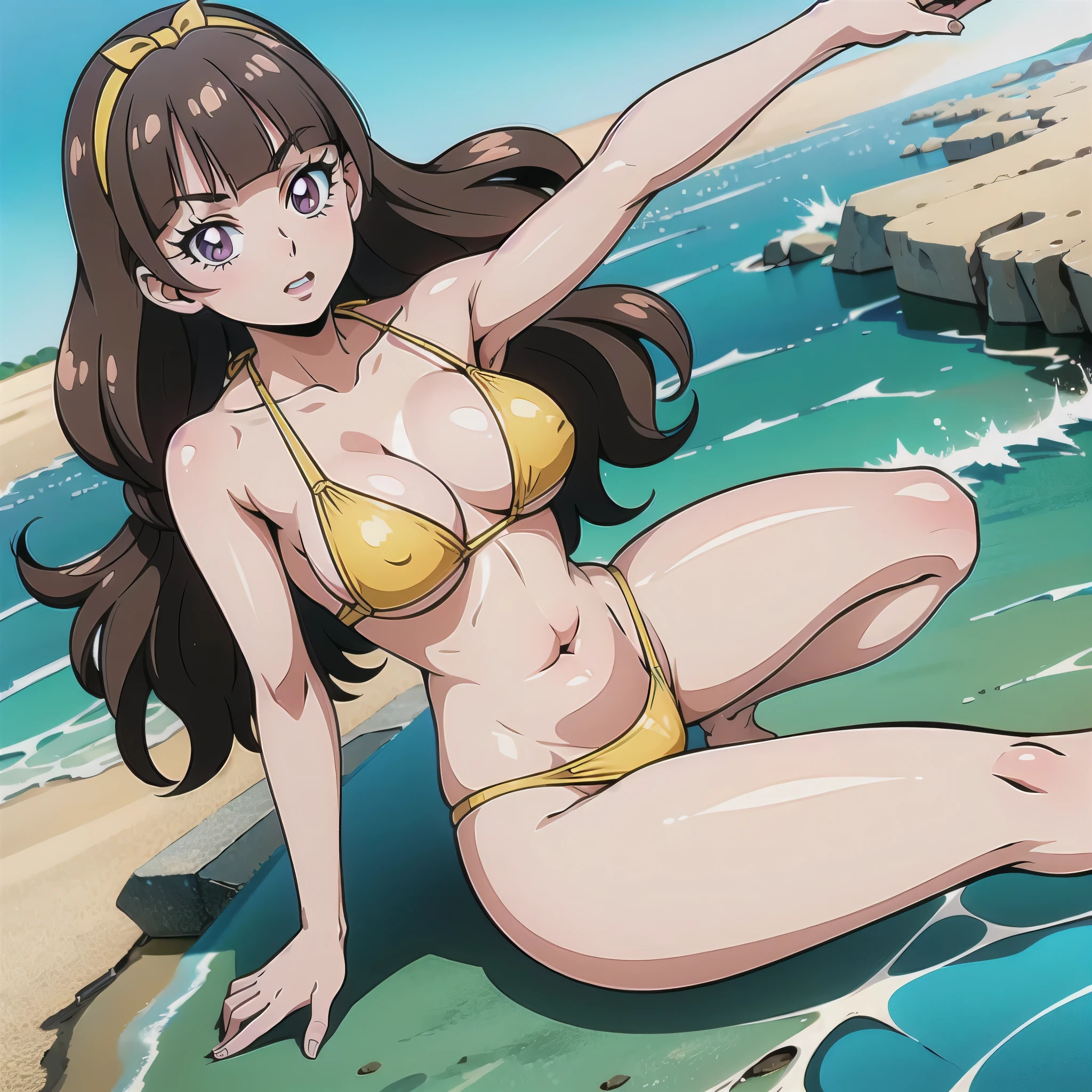 1 girl, (solo), ((amanogawaki)), best quality, highres, high quality, 8k, HD, super detail, ((anatomically correct)), UHD, accurate, (masterpiece:1.0), (high quality:1.0), (ultra detailed), ((Adult:1.2)), Looking at viewer, (Beach Background), Bikini, tsurime