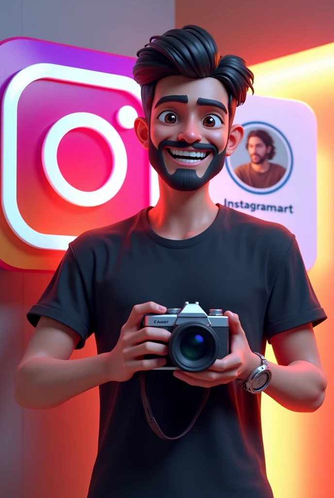 Create a 3D illustration of a white male character with a black beard ,excited man standing with camera in hands casually next to a social media logo "instagramart". The character must wear a black t-shirt, dark short hair , skin fair , slightly slanted eyes, he has a thin body and is smiling , and holding a camera. The background of the image is a social media profile page with the username "db photographer" and a matching profile photo.