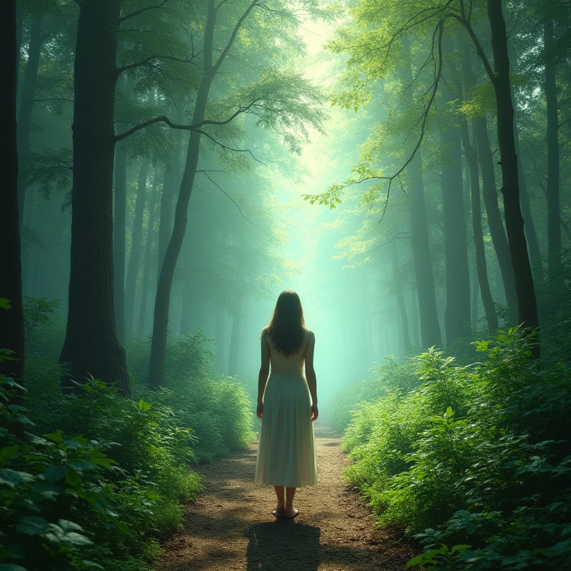 A woman standing at the beginning of a trail in a forest, looking at front. The image must have natural lighting, with shades of green and light blue, conveying tranquility and hope, without explicit mystical elements.
