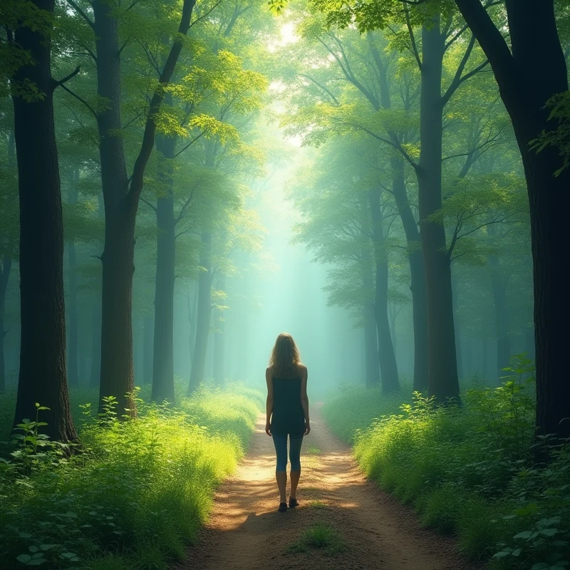 A woman standing at the beginning of a trail in a forest, looking at front. The image must have natural lighting, with shades of green and light blue, conveying tranquility and hope, without explicit mystical elements.