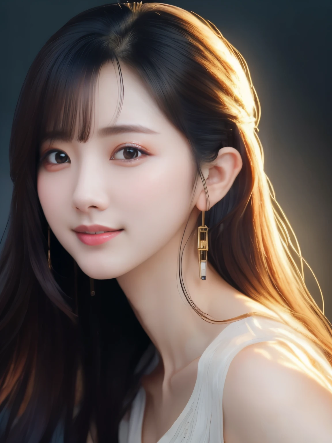 ((photoRealistic:1.3)),((Super detailed)),((sharp:1.5)),1 Female,28 years old, alone, Black Hair, Long Hair, original, Realistic, View your viewers, Upper Body, shirt, Sheer white tank top,hot pants, Brown Hair, parted 唇, photo-referenced, Real Life, Simple Background, No makeup, pink 唇, Blue background, Gray background, Look to the side, Lip tick, dress,Shadow, Parted bangs.((8k)),((Upper Body)),((thin)),Wearing a white blouse,Large Breasts, Chest girth, Big Ass,