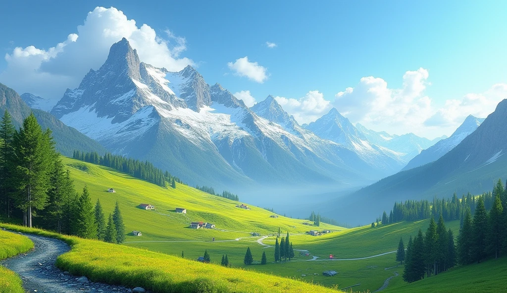 ((Masterpiece))((beautiful))((realistic))green mountain and yellow green tuorqois sky with Oren sky blue snow ,no people,size 4MB,