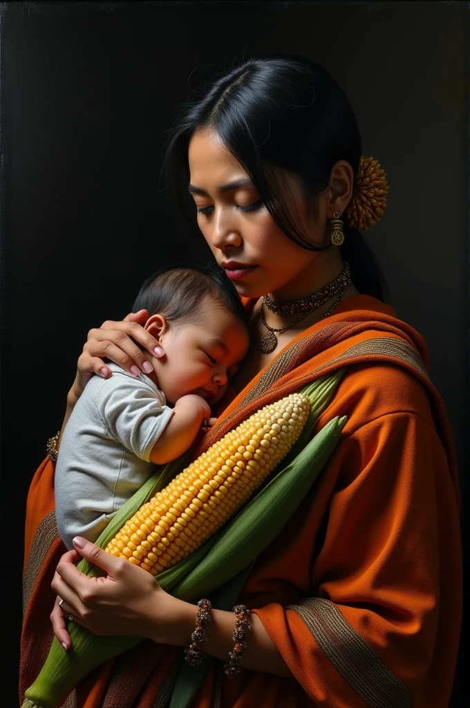 masterpiece, realist, high contrast, Caceres angel painting style, Mexican Rarámuri indigenous woman, with Mexican woven shawl, and held a corn cob,breastfeeding your baby, style work of angel of caceres, dark background, Abraham bloemaert,