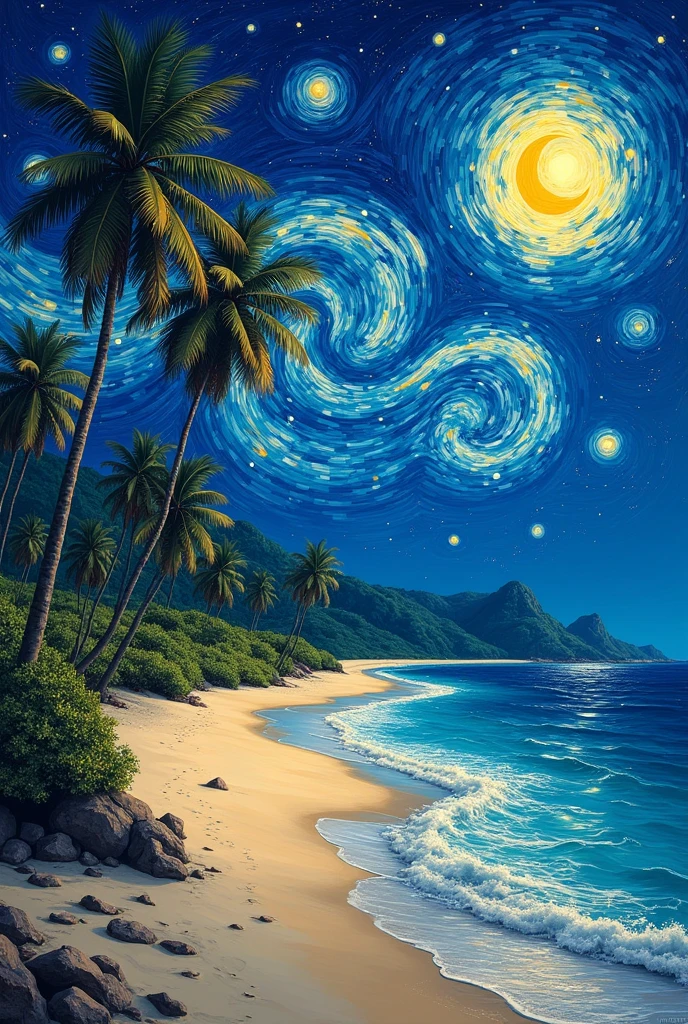 Starry night by van Gogh with beach more realistic