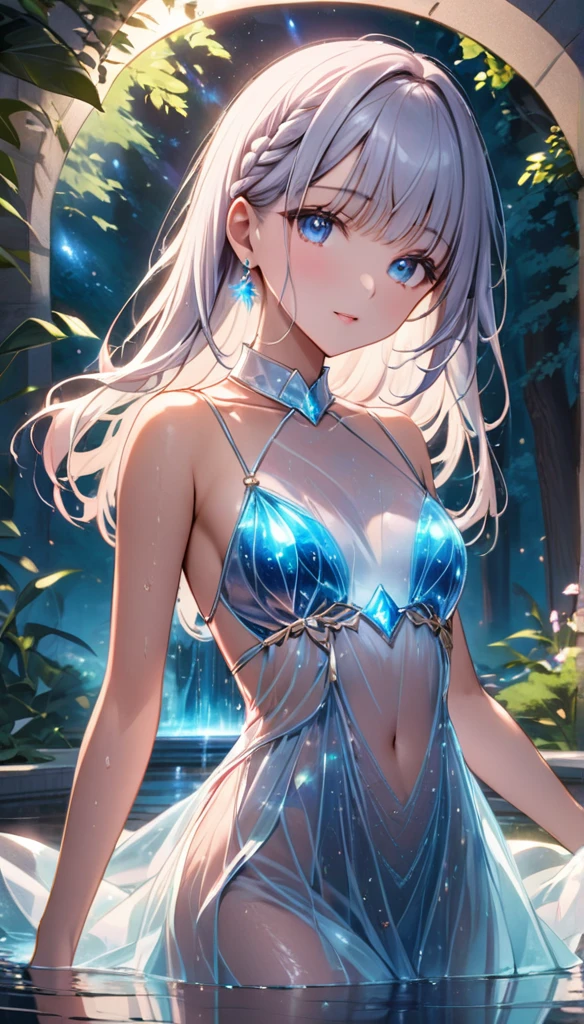 (masterpiece:1.5), ultra quality, 8K, high resolution, super fine illustration, depth of field,
perfect anatomy,
(1girl), solo, delicate beauty girl, (ars_old l),
silver hair, extreme long hair, bangs, french braid, (floating hair:1.2),
(fine detailed eyes), blue eyes,
beautiful face, small bast, slender,
(from diagonal front), (cowboy shot), (looking at viewer),
collarbone, creavege, navel, skinny,
ancient greek dress, (bioluminescent dress),
(white dress), (revealing clothes:1.2), (crystallized dress:1.5), (sheer_fashion:1.8), (see-through:1.8), (skinny:1.5), (no lingerie), (no bottoms), (wet clothes),
parted lips, jewelry, earrings,
(fountain), deep forest, night, stars, moon, (partially submerged:1.5), (ripples),
(sacred atmosphere:1.5), light particle,
(best shadow:1.2), (soft shadow), (beautiful shadow:1.3),
(Prismatic light:1.4), (sparkling light), (beautiful light:1.2), (fantastical light:1.2),
(beautiful reflection:1.3), (prismatic reflection:1.4), (soft reflection), (natural reflection:1.4),
(tyndall effect:1.5),
(sense of depth:1.2),