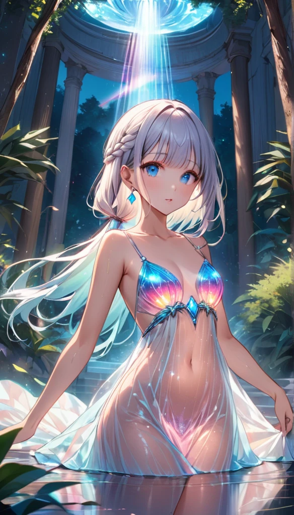 (masterpiece:1.5), ultra quality, 8K, high resolution, super fine illustration, depth of field,
perfect anatomy,
(1girl), solo, delicate beauty girl, (16years_old girl),
silver hair, extreme long hair, bangs, french braid, (floating hair:1.2),
(fine detailed eyes), blue eyes,
beautiful face, small bast, slender,
(from diagonal front), (cowboy shot), (looking at viewer),
collarbone, creavege, navel, skinny,
ancient greek dress, (bioluminescent dress),
(white dress), (revealing clothes:1.2), (crystallized dress:1.5), (sheer_fashion:1.8), (see-through:1.8), (skinny:1.5), (no lingerie), (no bottoms), (wet clothes),
parted lips, jewelry, earrings,
(fountain), deep forest, night, stars, moon, (partially submerged:1.5), (ripples),
(sacred atmosphere:1.5), light particle,
(best shadow:1.2), (soft shadow), (beautiful shadow:1.3),
(Prismatic light:1.4), (sparkling light), (beautiful light:1.2), (fantastical light:1.2),
(beautiful reflection:1.3), (prismatic reflection:1.4), (soft reflection), (natural reflection:1.4),
(tyndall effect:1.5),
(sense of depth:1.2),