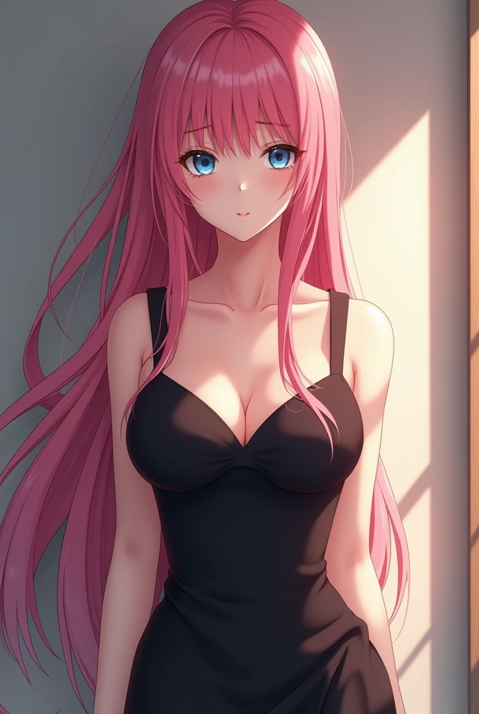 (masterpiece),(best quality:1.5),(highres), wallpaper 8k, detail skin, detail face, detail eyes, Very fine image details,Soft light,1girl, solo, pink hair, long hair,Blunt bangs,blue eyes, black dress, medium breasts, standing, full body, room,indoor, simpel blackground, interior,anime,Focus on character,