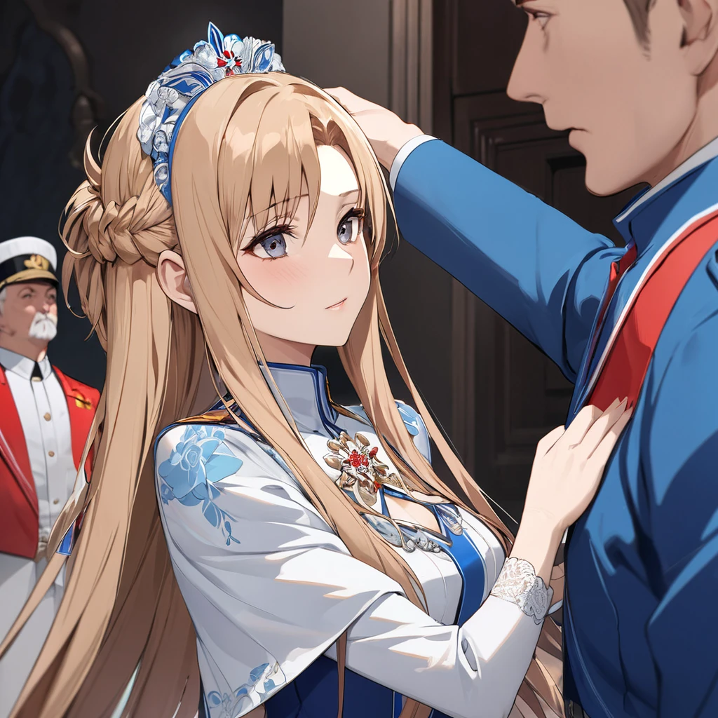 ((Highest quality)), ((masterpiece)), (detailed), (Perfect Face)、The woman is Yuuki Asuna, a Russian with light brown, semi-long hair.、The woman is a member of the United Russia party and is beautifully dressed in the fine attire and luxurious accessories appropriate for a party member.、She is a member of the Great United Russia Party and worships the Great Russian leader.