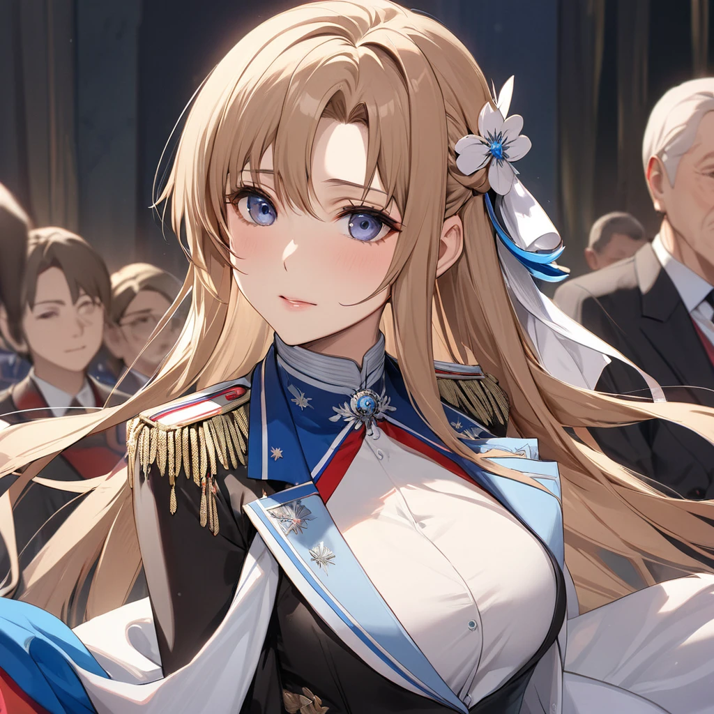 ((Highest quality)), ((masterpiece)), (detailed), (Perfect Face)、The woman is Yuuki Asuna, a Russian with light brown, semi-long hair.、The woman is a member of the United Russia party and is beautifully dressed in the fine attire and luxurious accessories appropriate for a party member.、She is a member of the Great United Russia Party and worships the Great Russian leader.