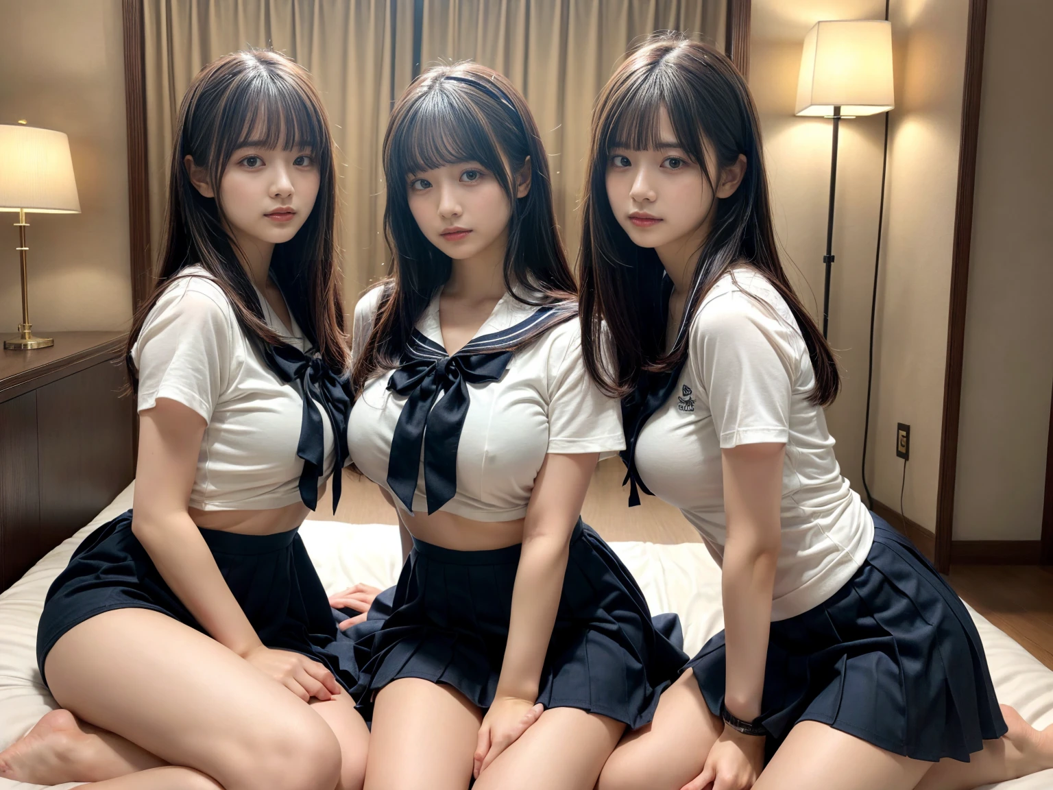 masterpiece, best quality, illustration, Super detailed, fine details, High resolution, 8K,wall paper, perfect dynamic composition,(Details High quality, realistic depiction of eyes:1.3), (3 girls), Black Sailor Uniform, serafuku, Navy pleated skirt, sitting, open legs, short bob hair, in a hotel room in the background, deep on field, large breasts, black hair color, Big Natural Color Lip, (perfect body shape), crying a little、Harajuku style、20 year old girl、cute type、beautiful legs, Gravure Idol