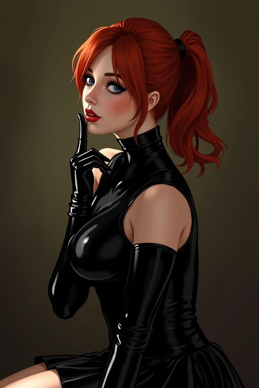 Red head cutie, black latex bra, black latex thong, black latex thigh highs, black latex opera gloves, form fitting, very shiny, finger on lips provocatively, looking at user lustfully