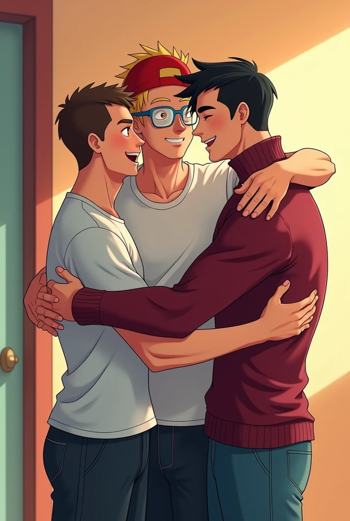 Create 3 fit guys hugging eachother. anime style
1st is on the left, he is tall, short haircut dark brown buzzcut hair, and blue glasses.
2nd guys is in the middle, he is blonde and taller than 1st guy, he wears a red cap backwards, and a rick and morty t-shirt.
the 3rd guy on the right, has black hair. he is 5.7 feet tall, he is wearing a long-sleeves wine turtle neck sweater. Big ass and legs.