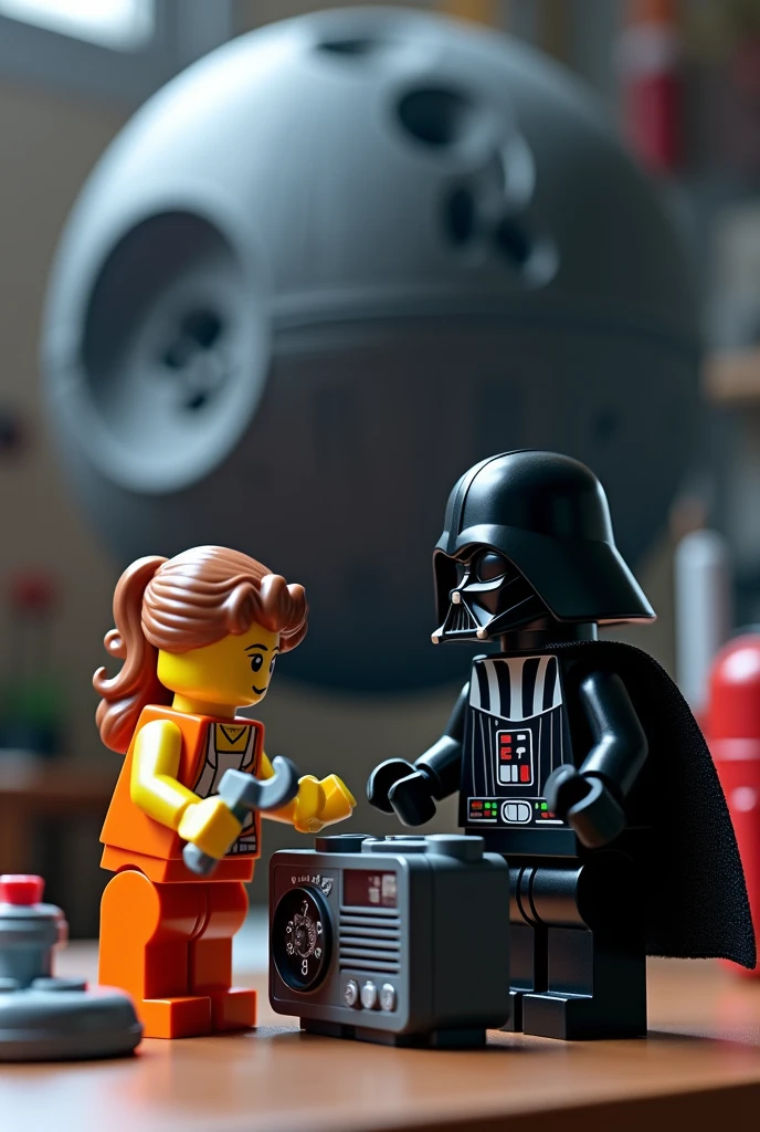 The Lego girl minifigure is standing on a table and is currently holding a wrench. In front of her, kneeling with his back to her, sits a Lego minifigure of Darth Vader with a gas burner.. He leans over the radio and tries to fix it. , In the background, the Death Star from Star Wars can be seen in the delica