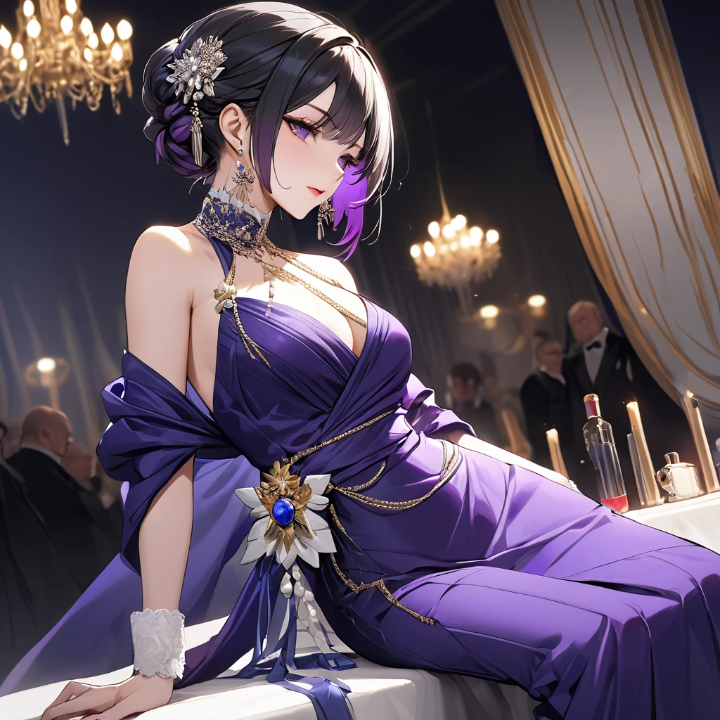 ((Highest quality)), ((masterpiece)), (detailed), (Perfect Face)、The woman is Shinobu Kocho, a Russian with black hair in a purple gradient bob style, tied up in a formal evening hairstyle.、The woman is a member of the United Russia party and is beautifully dressed in the fine attire and luxurious accessories appropriate for a party member.、She is a member of the Great United Russia Party and worships the Great Russian leader.
