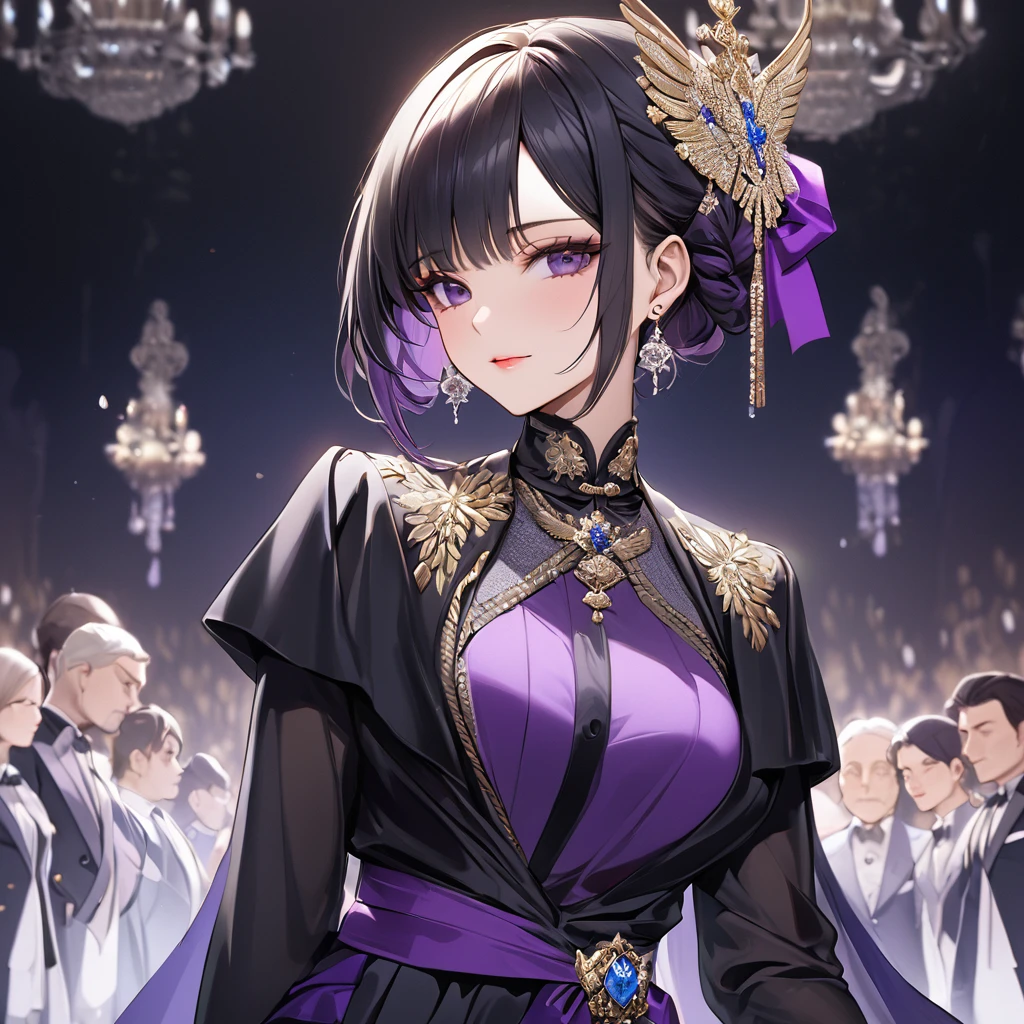 ((Highest quality)), ((masterpiece)), (detailed), （Perfect Face）、The woman is Shinobu Kocho, a Russian with black hair in a purple gradient bob style, tied up in a formal evening hairstyle.、The woman is a member of the United Russia party and is beautifully dressed in the fine attire and luxurious accessories appropriate for a party member.、She is a member of the Great United Russia Party and worships the Great Russian leader.