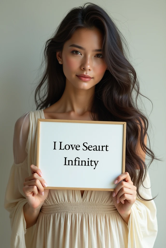 Beautiful girl with wavy long hair, bohemian dress, holding a white board with text "I Love Seaart Infinity" and showing it to the viewer
