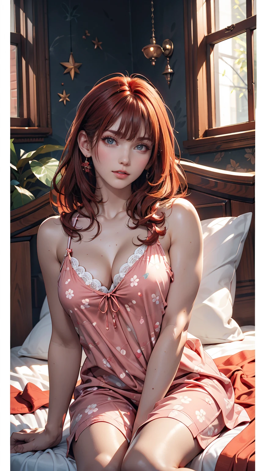 A woman in pink floral pajamas is sitting on her bed, Redheadの少女, beautiful Redheadの女性, Redheadの女性, young Redheadの少女, Short bright red hair, Red hair and attractive features, Anna Nikonova、Also known as New Milky, Redheadの少女, Redhead, Beautiful woman, Posing in bed, Redhead, Short Red Hair, Posing in the room