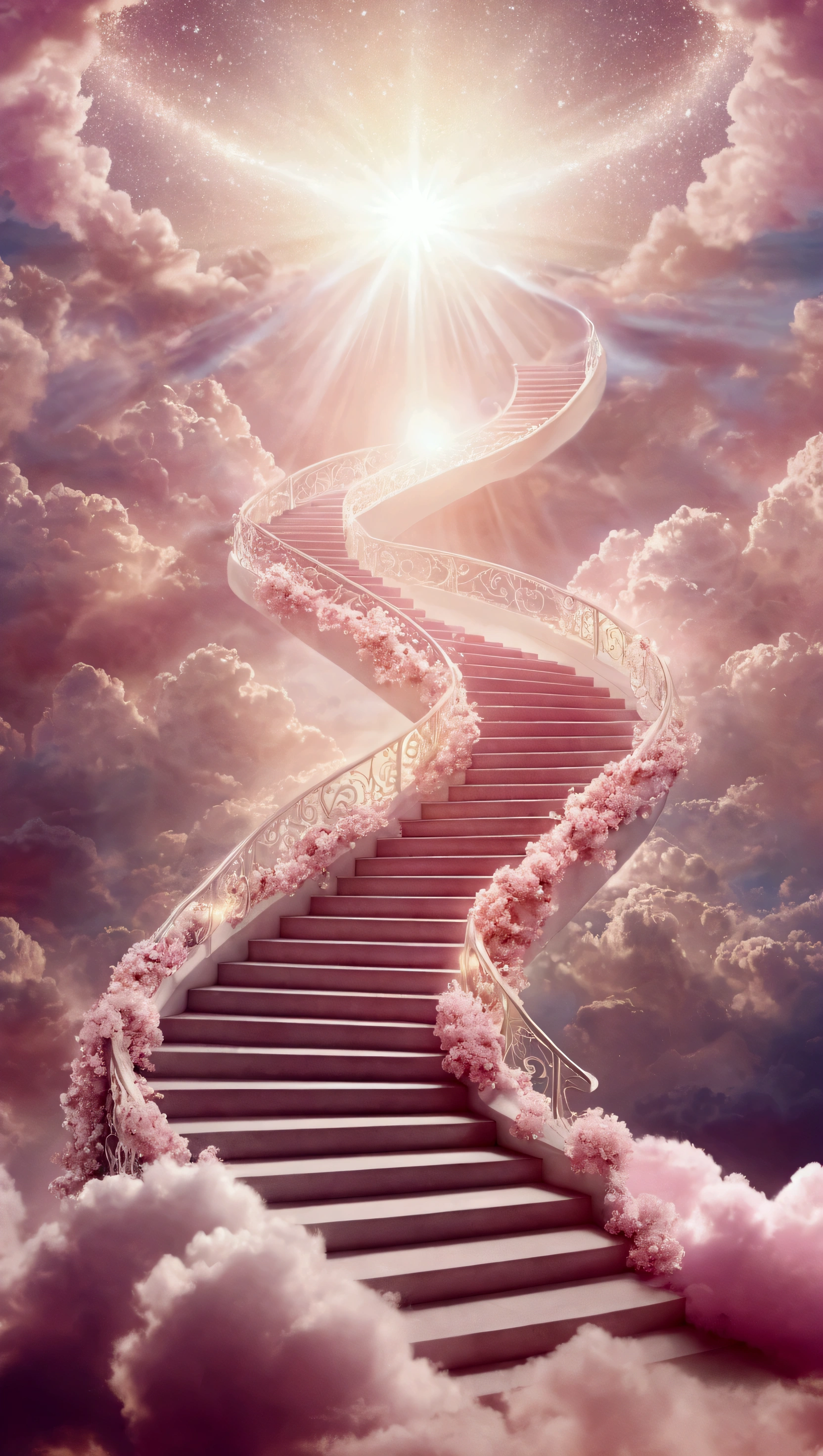 Close-up of a staircase leading to a bright light, stairway to heaven, heaven background, heaven pink, blossoming path to heaven, esoteric equation heaven, she is arriving heaven, beautiful, heaven!!!!!!!!, in heaven, Leading to the sky, luminous sky heaven background, she is approaching heaven, heaven gate, stairs from hell to heaven