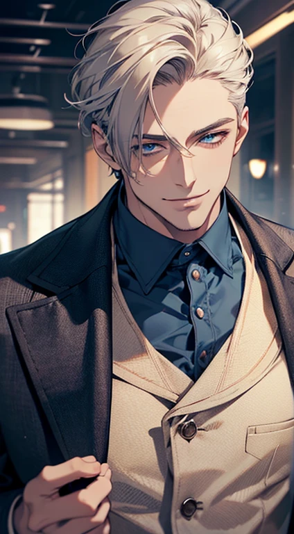a mature man, very handsome, short grey golden hair, beautiful blue eyes, perfect detailed face, buttoning his jacket, CEO, smiling in love, cinematic lighting, 1:4 HDR, photorealistic, ultra detailed, 8K, best quality, masterpiece
