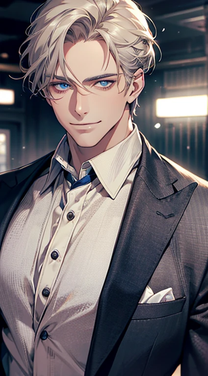 a mature man, very handsome, short grey golden hair, beautiful blue eyes, perfect detailed face, buttoning his jacket, CEO, smiling in love, cinematic lighting, 1:4 HDR, photorealistic, ultra detailed, 8K, best quality, masterpiece