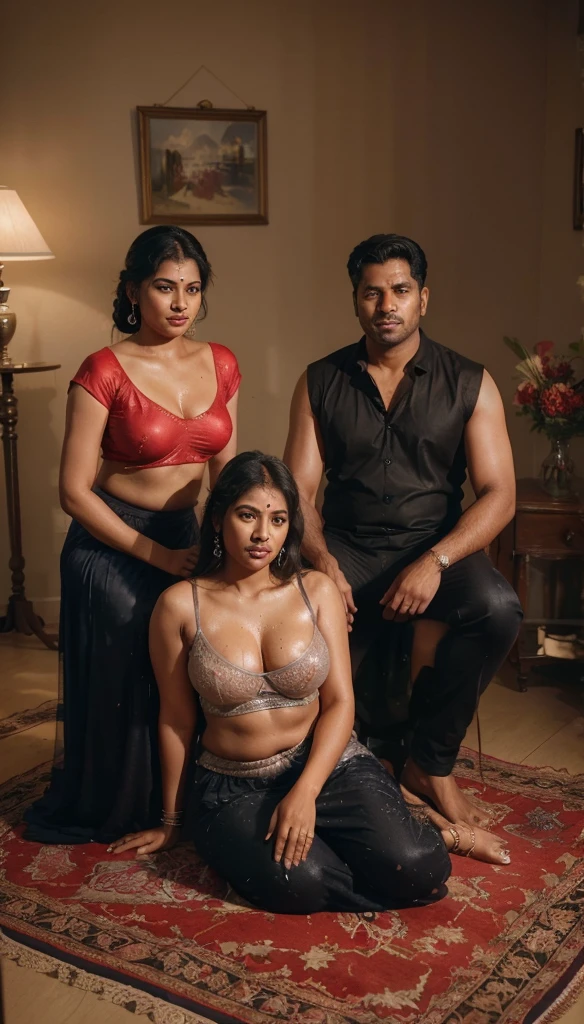 Day scene, full body photo of a plus sized 45 year old indian with a man from top view, (Masterpiece, Best Quality, High Resolution), office Background, (cum Splash on her breasts and nipples, cum Splash on her face, Splash of cum, cum Splash on her blouse, cum Splash on her eys), Sweet 25 year old South indian women sitting on her knees in a crowded party hall with a man, hour glass body red lips, silver colour silky gown, lightly makeup,ultra realistic, realistic, look at viewer (cinematic:1.3), intricate details,