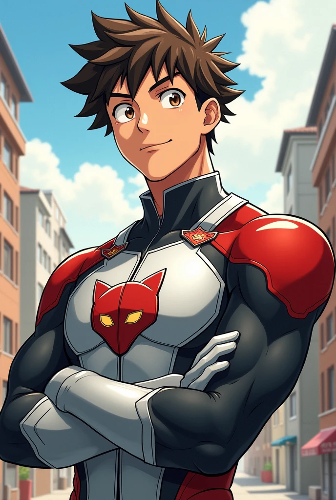 Gender: Male、The skin color is wheat brown.、eye color is brown,、Her hairstyle is brown and permed.、With a smile on your face、The suit is silver with red accents.、The cat mark is decorated。Special ability is camouflage.、Please make the illustration a little bit My Hero Academia。The pose is cool！！