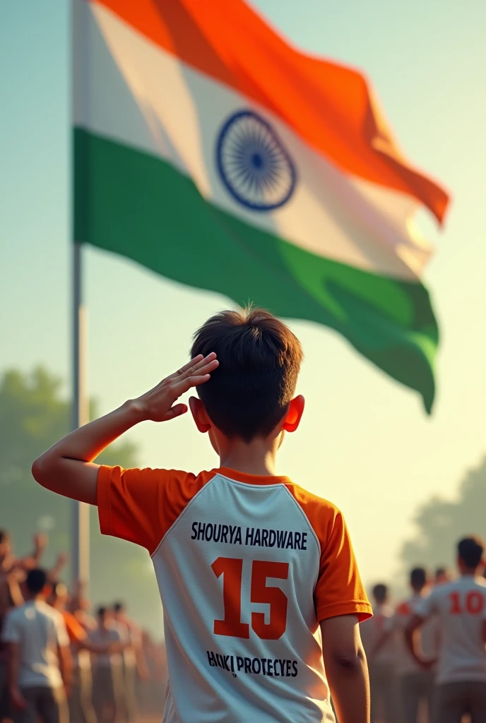 Boy saluting indian flag wearing a indias sport tishart, " SHOURYA
HARDWARE
STORE "
Name on t-shirt back said, back said view 15 August
smol text on t-shirt