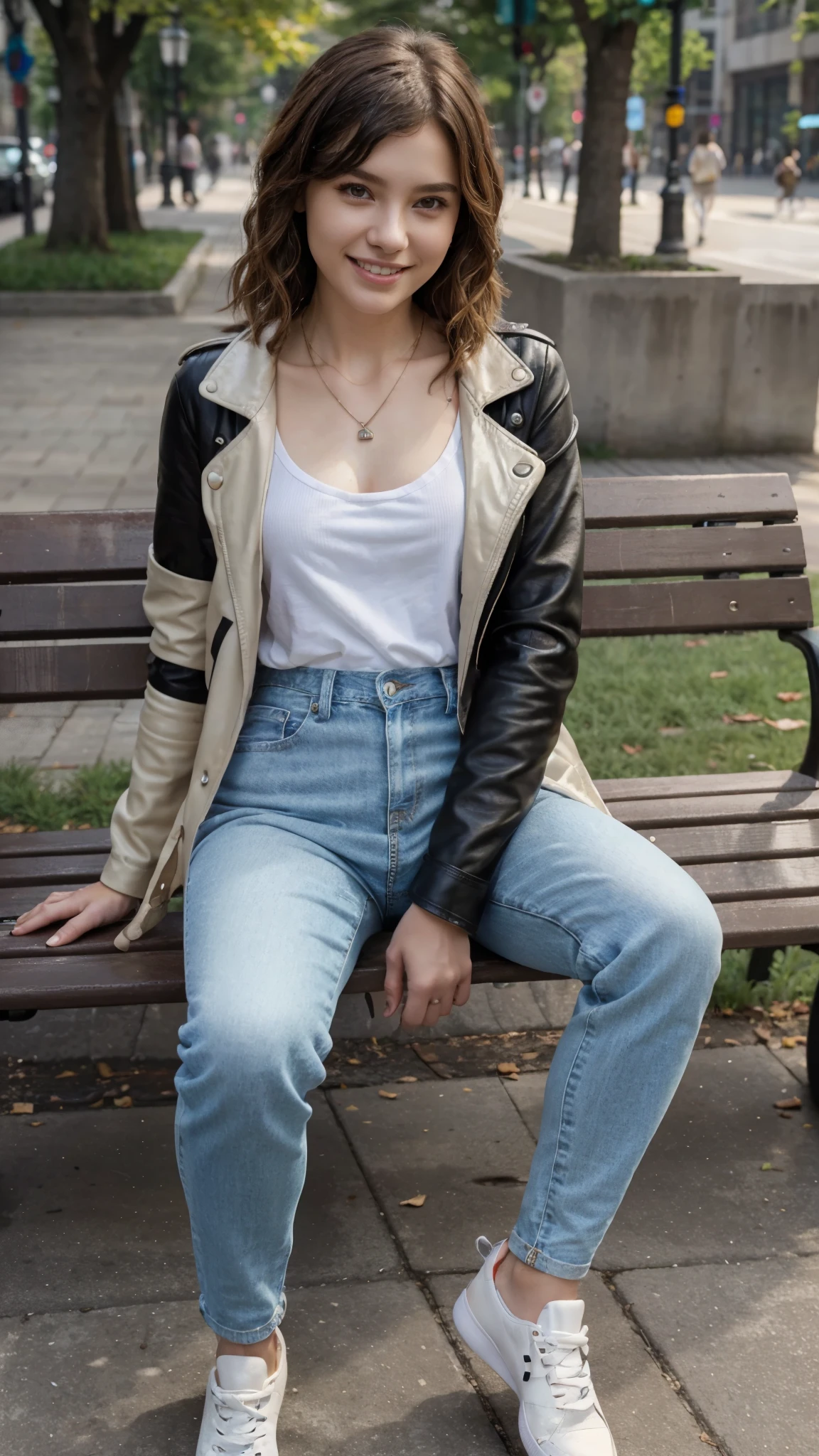 High resolution, 8k wallpaper, Beautiful Caucasian Woman、Full body photo、,Leather jacket sitting on a park bench、shirt、Skinny jeans、sneakers、、Necklace around the neck、 bionde 、Short Haircut、Wavy Hair、ear piercing、smile、Beautiful teeth alignment、