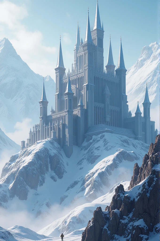 A silver fortress in a fantasy world. It has six towers and is on the summit of a snow-covered mountain.. It&#39;s winter. Below is a large city.