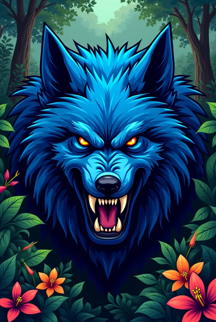 angry blue wolf face logo with jungle background