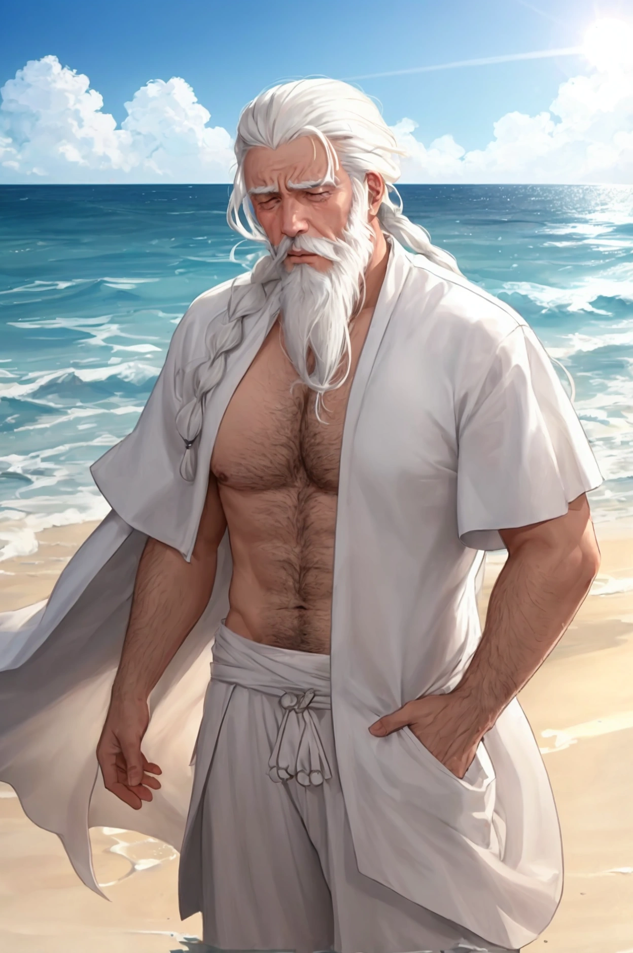 man with white hair and beard crying looking at the rough sea under the strong sun wearing ancient Greek clothes
