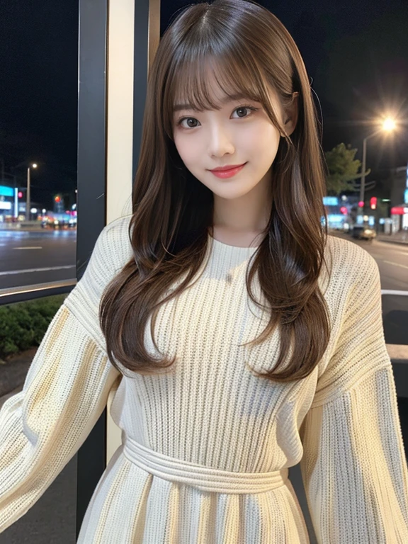 ​masterpiece、1 beautiful girl、A detailed eye、Puffy eyes、top-quality, 超A high resolution, (Realisticity: 1.4), cinematlic lighting、japanes、Asian Beauty、Super beauty、Beautiful skin、A slender、The body  facing forward、(A hyper-realistic)、(hight resolution)、(8k)、(ighly detailed)、(beautifully detailed eyes)、(Ultra-detail)、 (wall-)、A detailed face、Bright lighting、profetional lighting、looking at viewert、Facing straight ahead、(The costume  a knitted dress)、Long hair, hair messy, asymmetrical bangs, 、nighttime scene、Brown hair、Japan idle、Korean Idol、hposing Gravure Idol、、age21、tall, smile, Park scene、