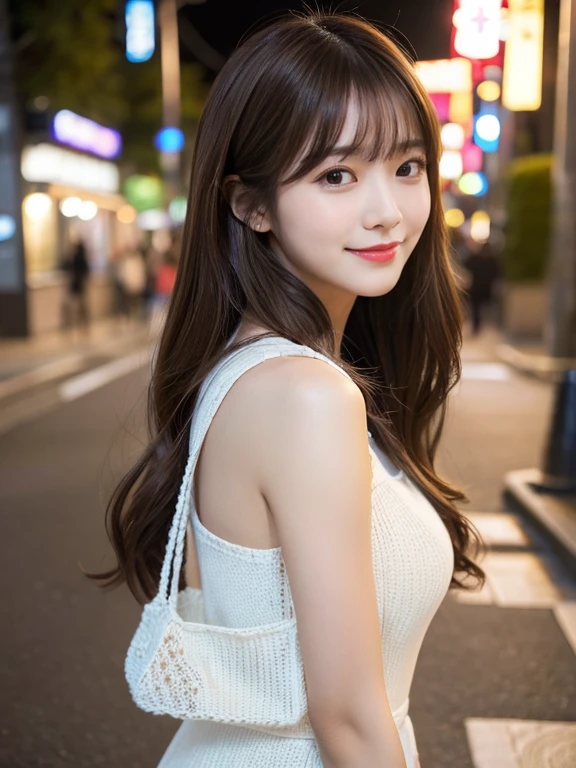 ​masterpiece、1 beautiful girl、A detailed eye、Puffy eyes、top-quality, 超A high resolution, (Realisticity: 1.4), cinematlic lighting、japanes、Asian Beauty、Super beauty、Beautiful skin、A slender、The body  facing forward、(A hyper-realistic)、(hight resolution)、(8k)、(ighly detailed)、(beautifully detailed eyes)、(Ultra-detail)、 (wall-)、A detailed face、Bright lighting、profetional lighting、looking at viewert、Facing straight ahead、(The costume  a knitted dress)、Long hair, hair messy, asymmetrical bangs, 、nighttime scene、Brown hair、Japan idle、Korean Idol、hposing Gravure Idol、、age21、tall, smile, Park scene、