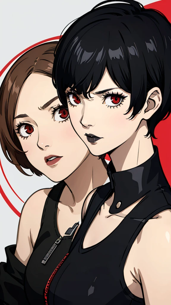 1girl, serious face, red eyes, tomboy Pixie haircut, very Short hair, black hair, bandeau, black lipstick, face portrait