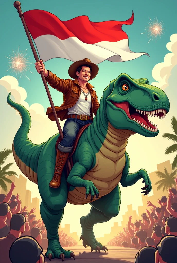 cartoon handsome man riding a dinosaur holding the indonesian flag