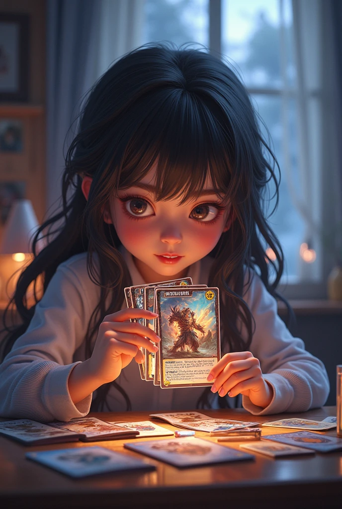 masterpiece, Highest image quality, photo realistic, Raw photo, full body photo, (monster card game, card size is big, girl play the monster card game, she pick up 4 cards, cards image reflect to background,)