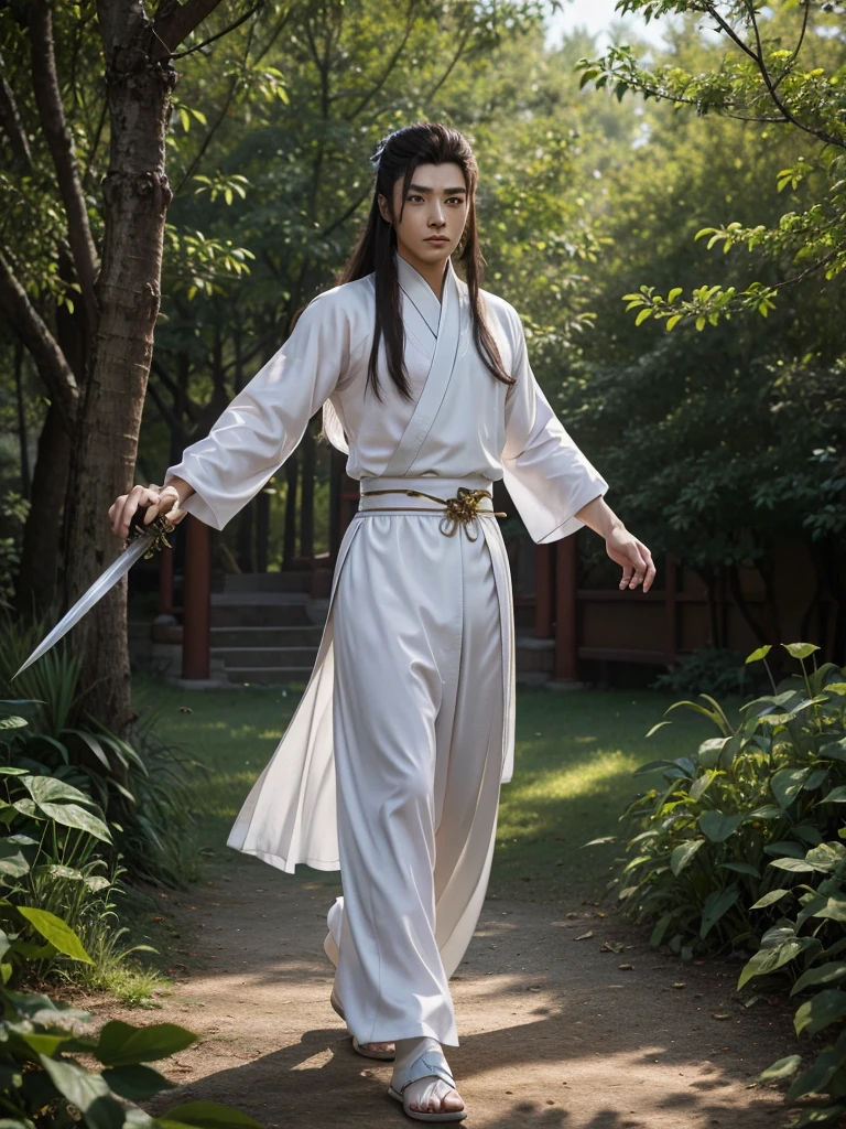 wuxia, best quality, 8k, very delicate and beautiful, highly detailed face and skin texture, shiny skin, high resolution, long hair chinese male swordsman wearing chinese traditional costume with sword at forest, full body, sharp focus