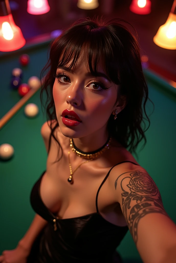 (masterwork:1.1), (photorealism:1.1), ((high angle POV:1.4)), (1bimbo), (looking up to camera:1.2), whole arm tattoo, flushed, alternative woman, (open mouth), (luxury dress:1.1), golden chocker, detailed photograph, high detailed, HDR, sharp focus, focus on face, medium breasts, dark eyeliner, lipstick, (stay near billiard table), at night, background lights, color photo, shallow depth of field, damp hair, night club light