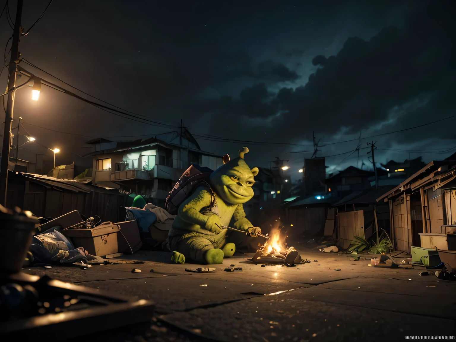 HOMELESS SHREK BEATEN TO THE GROUND ONE NIGHT IN THE BRAZILIAN FAVELA artwork, best qualityer, (Extremely detailed CG 8k unity wallpaper), (best qualityer), (best illustration), (best shade), absurderes, realistic lighting, (abyss), beautiful detailed glowing, arte de PeterMohrBacher,