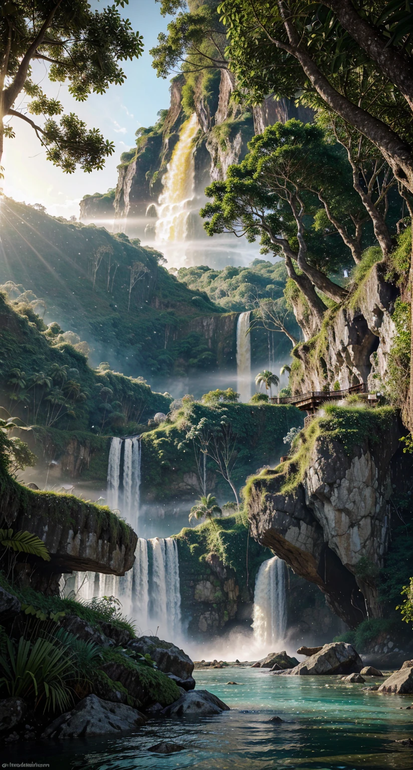 Hyper-realistic digital painting of a mysterious island where time has stood still, inhabited by dinosaurs. The lush, tropical jungle is teeming with prehistoric life, from towering brachiosauruses grazing on treetops to fierce velociraptors stalking through the underbrush. In the background, a waterfall cascades down a cliffside into a clear blue river. The sky is clear, with the sun casting a golden light over the scene. In the foreground, an explorer cautiously moves through the jungle, their expression a mix of awe and fear. Cinematic composition, trending on ArtStation.