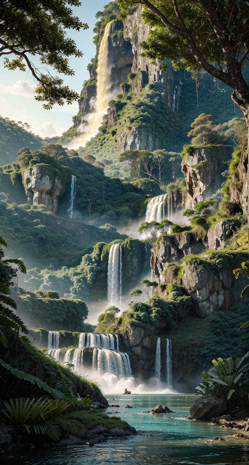Hyper-realistic digital painting of a mysterious island where time has stood still, inhabited by dinosaurs. The lush, tropical jungle is teeming with prehistoric life, from towering brachiosauruses grazing on treetops to fierce velociraptors stalking through the underbrush. In the background, a waterfall cascades down a cliffside into a clear blue river. The sky is clear, with the sun casting a golden light over the scene. In the foreground, an explorer cautiously moves through the jungle, their expression a mix of awe and fear. Cinematic composition, trending on ArtStation.