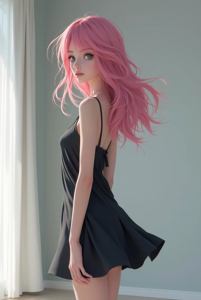 (masterpiece),(best quality:1.5),(highres), wallpaper 8k, detail skin, detail face, detail eyes, Very fine image details,Soft light,1girl, solo, pink hair, long hair,Blunt bangs,blue eyes, black dress, medium breasts, standing, full body, room,indoor, simpel blackground, interior,anime,Focus on character,