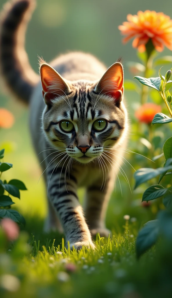 a cat walking in a lush garden, beautiful detailed eyes, beautiful detailed nose, beautiful detailed mouth, extremely detailed face, high quality, 8k, photorealistic, studio lighting, vibrant colors, depth of field, finely detailed fur, graceful movement, natural lighting, detailed background, dynamic composition, cinematic style