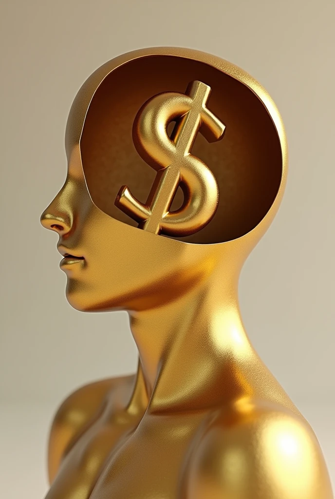 Gold statue showing inside mans head with a dollar sign