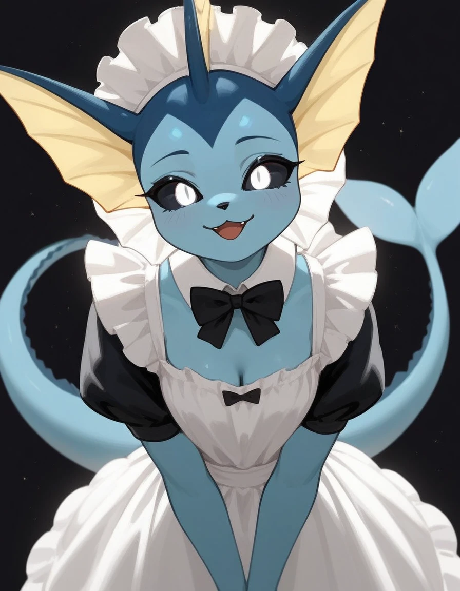 alone, score_9,score_8_up,score_7_up, anthro female vaporeon, black sclera, white eyes, pov, Love particle, standing, (closeup face), maid dress, happy.