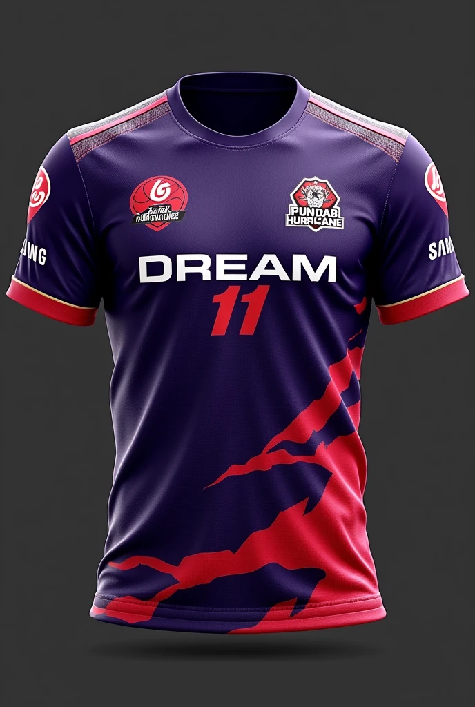 Make a cricket Jersey, mixup of dark purple n secondary colour is red colour n use black if u need for look cool but mostly use purple on Jersey n make new design which is very unique, logo in left chest will be team logo in which is written punjab hurricane , in center " DREAM 11 " written , sumsung in right chest , jio on shoulder 