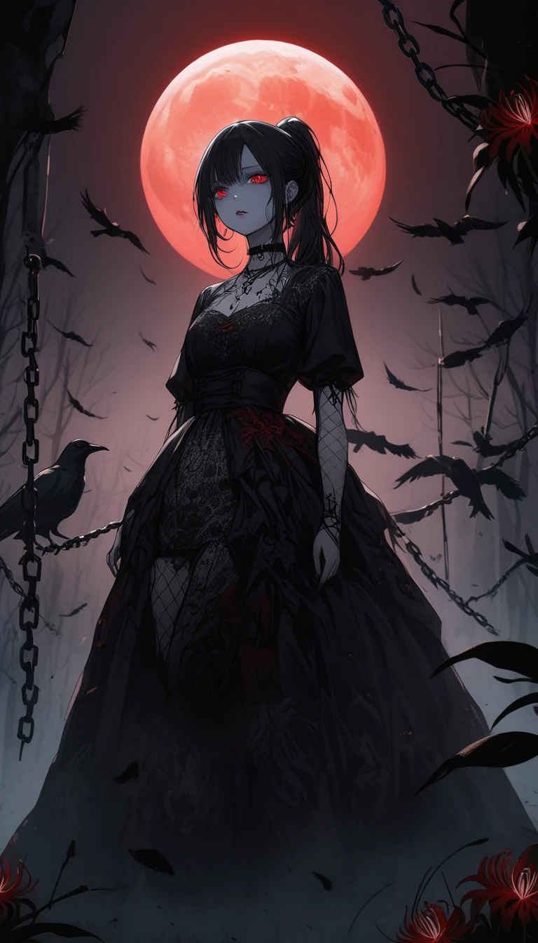 (Dark and scary atmosphere,Gothic Fashion,Dark colors),(Highest quality,Super exquisite item),Very sexy vampire girl,A large number of red spider lilies in full bloom on a red full moon night,Beautiful and delicate eyes,Beautiful black straight ponytail,Crow's feathers,Pale skin,Fishnet tights,A black and white lace dress with a small amount of fabric,The moonlight illuminates her silhouette,A fantastic background created by darkness and moonlight,She is a tall girl who looks like an adult.,A crow is flying,Crow's feathersが舞う,Are standing,Deep foggy forest behind,(Courtesy),((The shadows of several hanged bodies in the forest behind)),A flock of crows swarming around a corpse,Chained,Hanged by a chain around the neck,Hanging