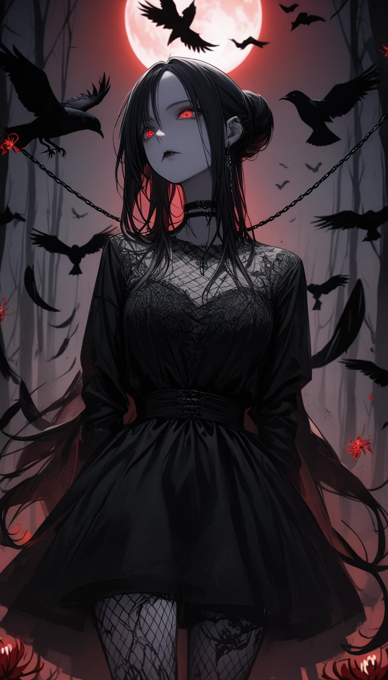 （Dark and scary atmosphere,Gothic Fashion,Dark colors）,（Highest quality，Super exquisite item）,Very sexy vampire girl,A large number of red spider lilies in full bloom on a red full moon night,Beautiful and delicate eyes,Beautiful black straight ponytail,Crow's feathers,Pale skin,Fishnet tights,A black and white lace dress with a small amount of fabric,The moonlight illuminates her silhouette,A fantastic background created by darkness and moonlight,She is a tall girl who looks like an adult.,A crow is flying,Crow's feathersが舞う,Are standing,Deep foggy forest behind,（Courtesy）,((The shadows of several hanged bodies in the forest behind)),A flock of crows swarming around a corpse,Chained,Hanged by a chain around the neck,Hanging